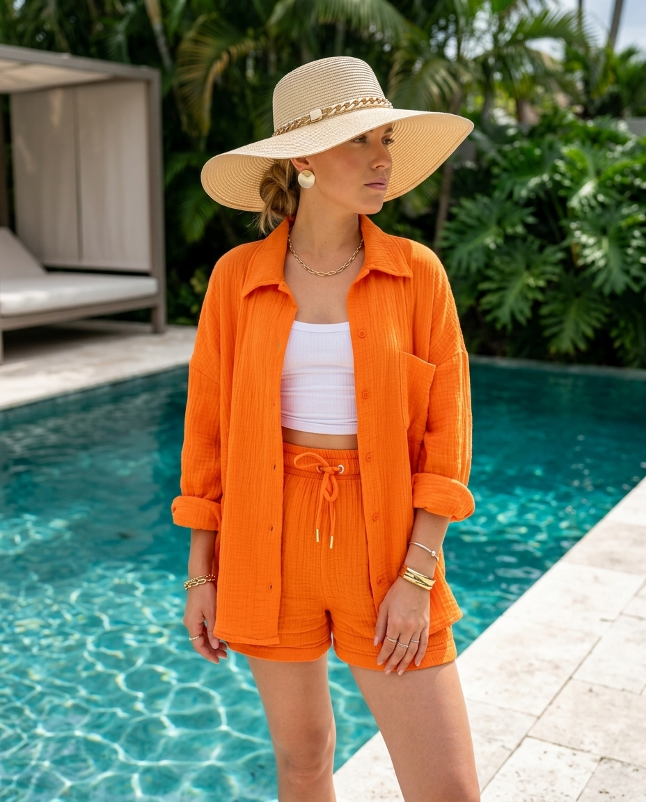Ensemble Femme Chemise et Short Froissé, Style Décontracté Été